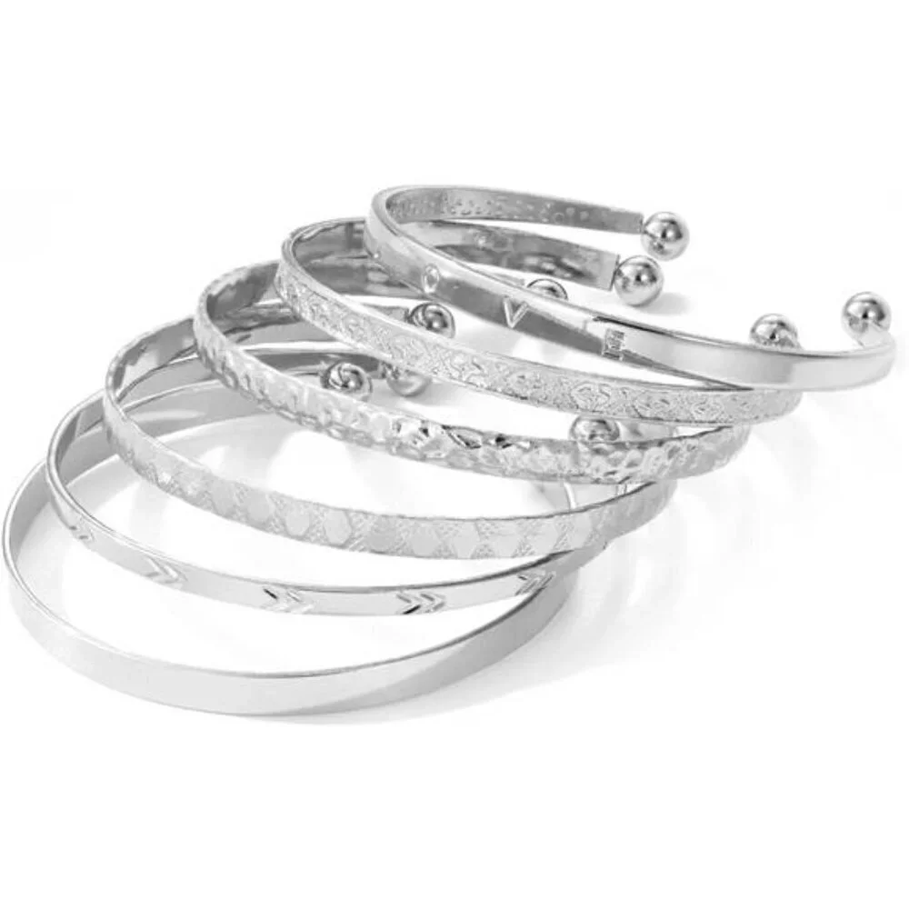 6 Silver Bangle Bracelets for Women, Multi Layer Stackable Cuff Bracelet Set,